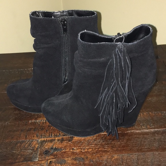 Express Black Fringe Wedge Booties - Picture 2 of 8